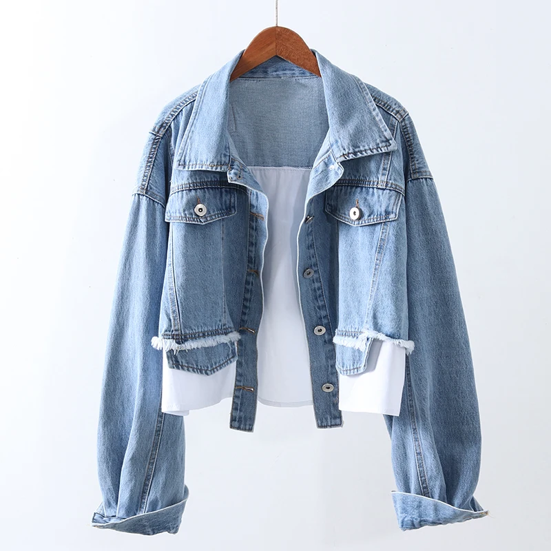 

Autumn New Fashion Splicing Denim Jacket Coat Women Long sleeve Short Jeans Jacket Big size Loose Outwear Female Chaquetas Mujer
