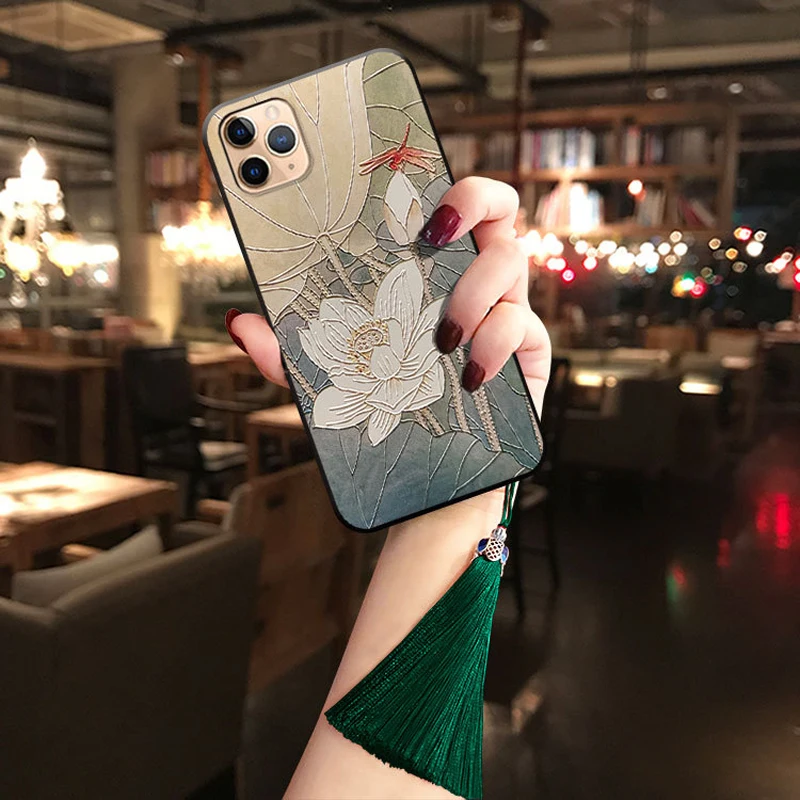 Чехол с тиснением для iPhone 11 Pro Max XS Max XR 8 7 6 6S Plus, мягкий силиконовый чехол с кисточкой с узорами