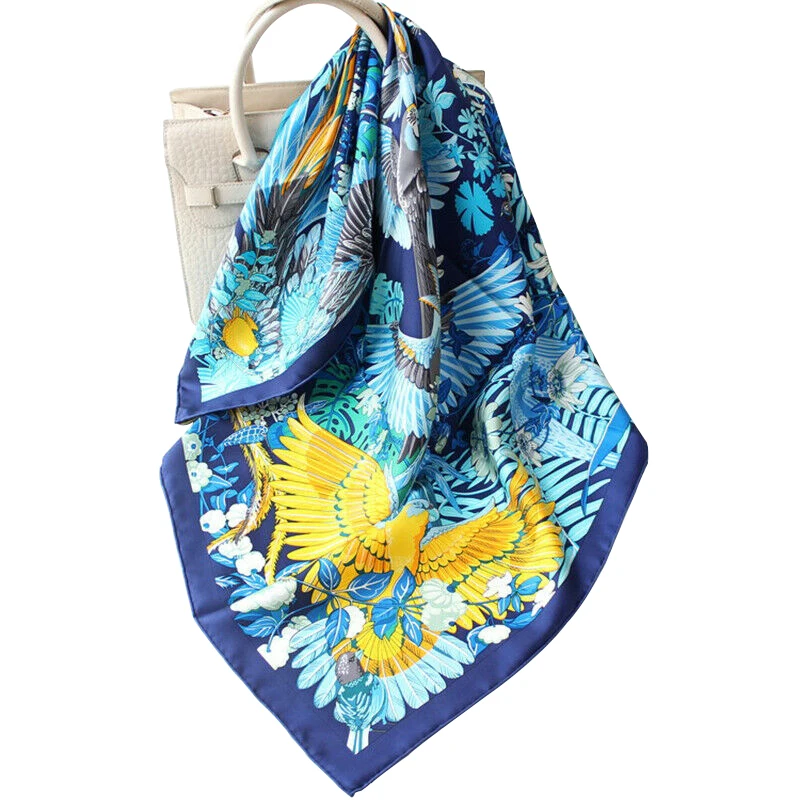 

Luxury 100% Twill Silk Scarf Women Fashion Square Bandana Aztec Style Parrot Bird Print Shawl Kerchief Hijab 90*90cm
