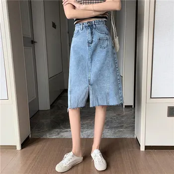

Denim Skirt Female 2020 Summer Mid-length Fashion Stitching Package Hip A-Line High Waist Split Skirt