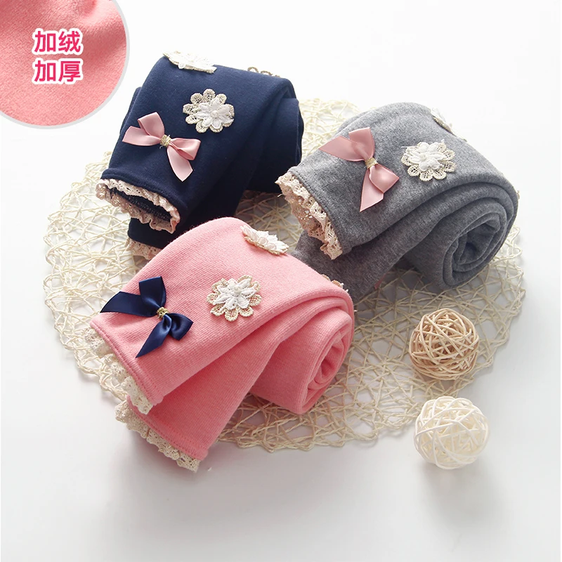 

2020 Spring Autumn 2 3-8 9 10 Year 90 100 140cm Kids Cotton Gray Blue Full Length Bow Flower Lace Leggings For Baby Kids Girls