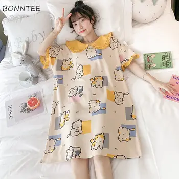 

Nightgowns Women Cartoon Printed Summer Short Sleeve Nightwear Womens Sweet Loose Elegant Korean Style Ruffles Sleepshirts New