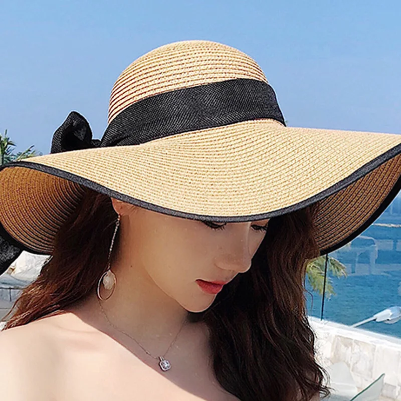 Летняя соломенная широкополая шляпа с большими полями, шляпа от солнца с широкими полями, пляжные складные шляпы с бантом, новинка, шляпы для женщин