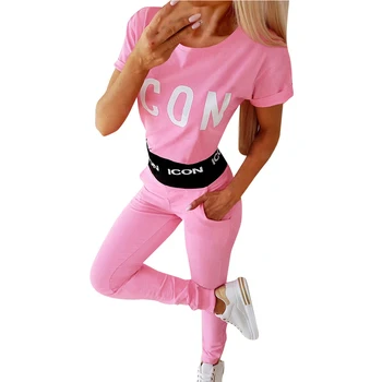 

Summer Tracksuit 2pcs Women Set Casual Letter Print T shirt +Jogger Elastic Pant 2 Pieces Sets Women Clothing Suits Female