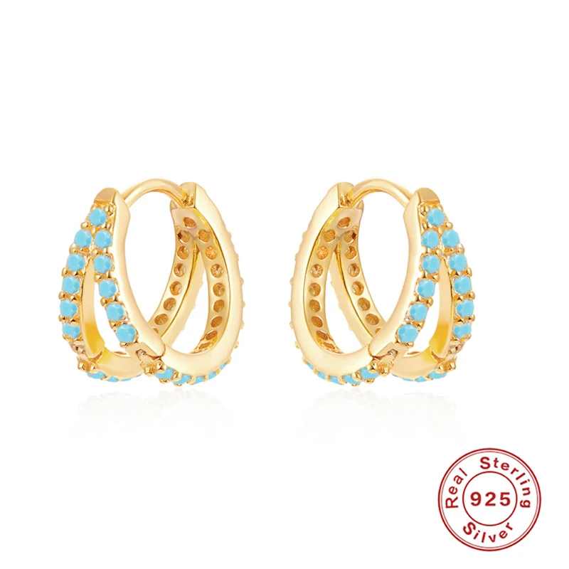 

925 Sterling Silver Hoop Earrings For Women Turquoise Double Row Zircon Crystal Earring Hoops Luxury Round Jewelry Pendientes