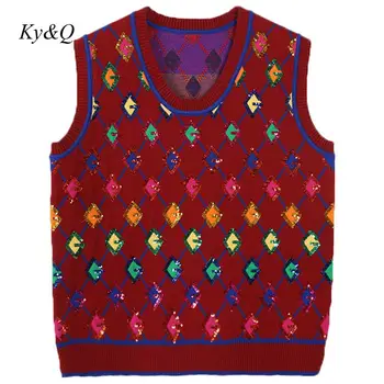 

Brand Christmas 2019 Winter New Women O-neck Beading Wafer Rhombic Embroidery Pullover Slim Knit Vest Sleeeveless Luxury Sweater