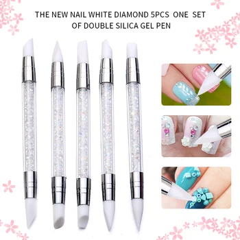 

5pcs Double Head Rhinestone Nail Art Brush Pen Picking Crystal Wax Pencil Decoration Dotting Silicone Head Carving Dotting Tool