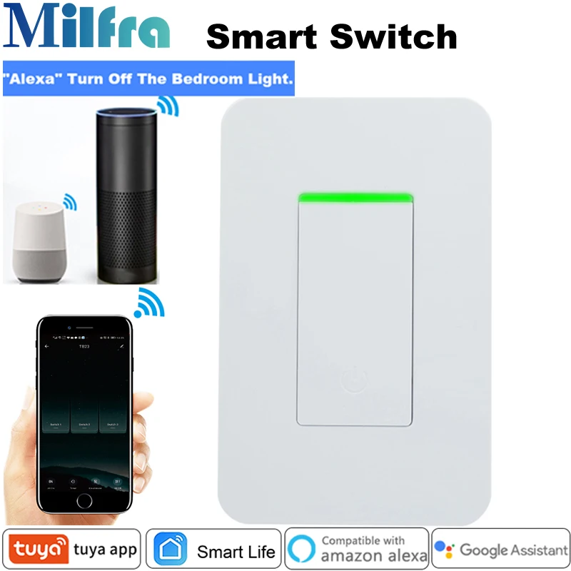 

Milfra Smart Light Switch Wifi Voice Cell Phone Control Neutral Wire Required US Wall Switch for Assistant Alexa Tuya Smart Life