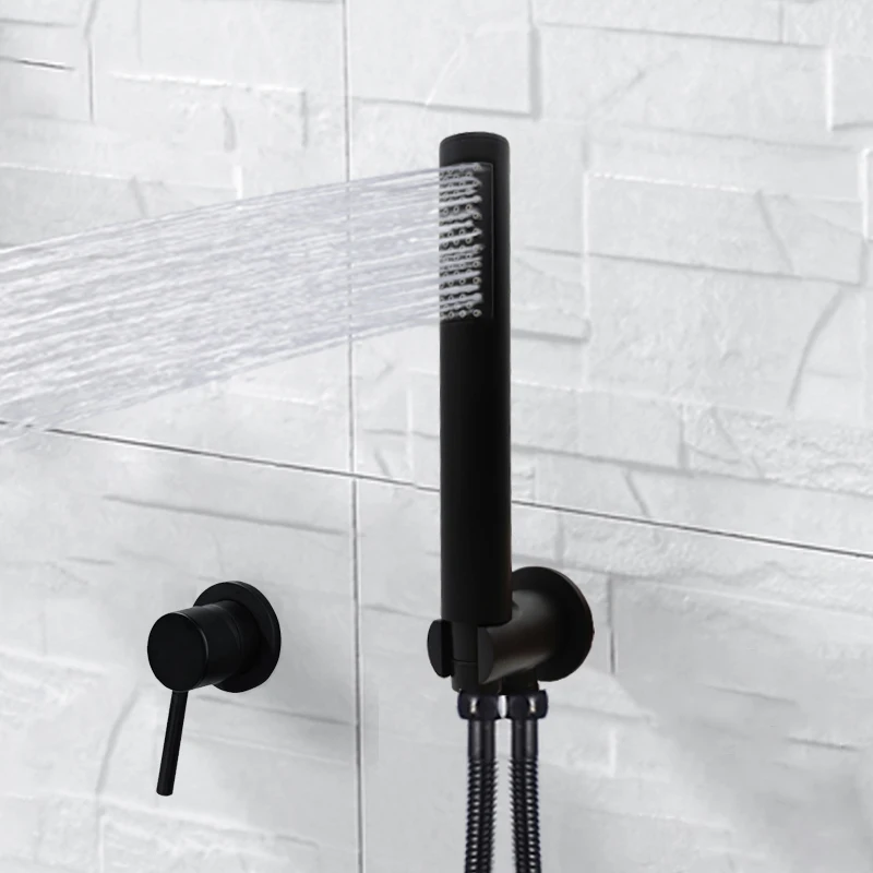 Bathroom Set Brass In Wall Mounted Concealed Matt Black Shower Faucet Hot and Cold Mixer with Handset Valve Bracket Holder |