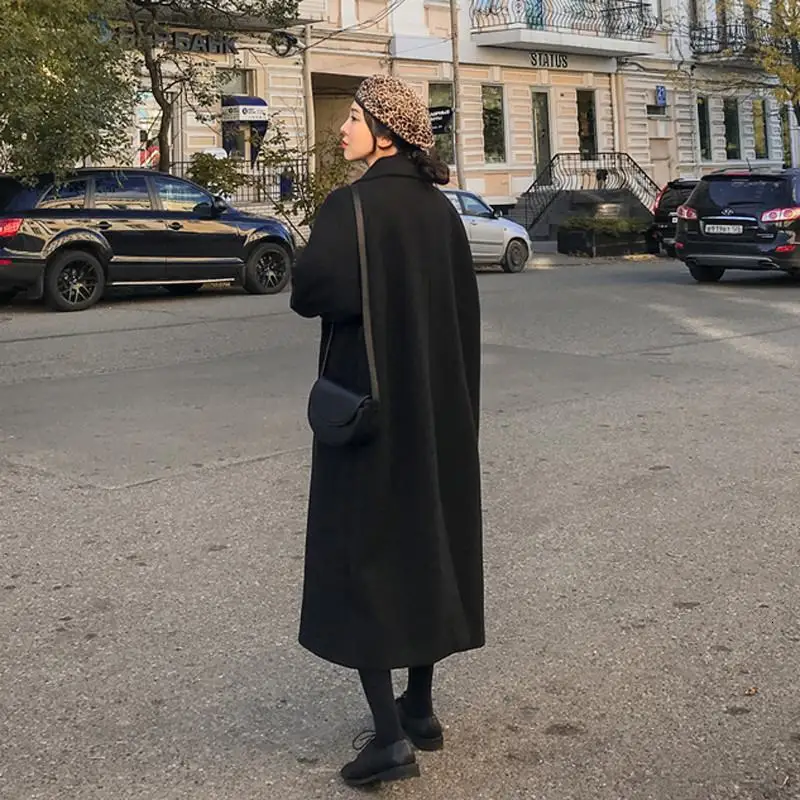 Осеннее Женское зимнее свободное повседневное шерстяное длинное пальто, женское однотонное теплое шерстяное пальто, Дамское кашемировое шерстяное пальто, верхняя одежда V540