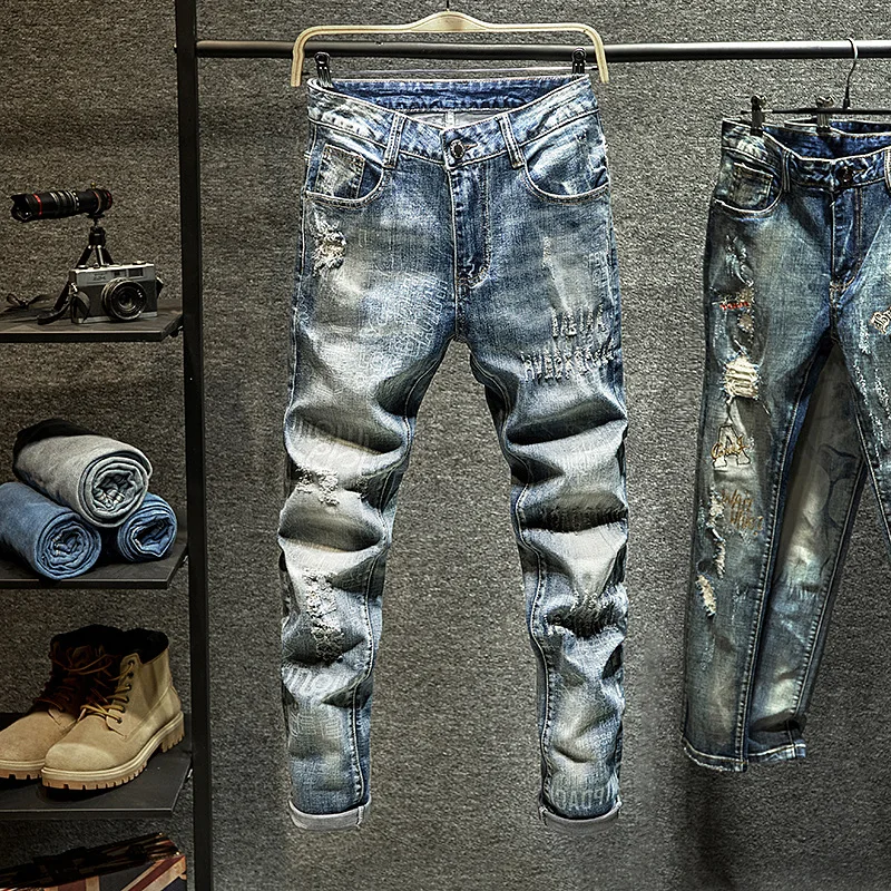 

Light Color Capri Jeans Men's Slim Fit Elasticity Skinny Pants Men Korean-style Popular Brand Beggar Hole & Patch Spring