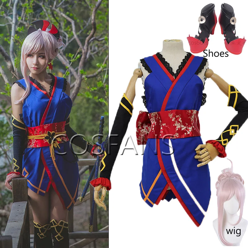 

FGO Fate Grand Order Miyamoto Musashi Dress Yukata Uniform Outfit Anime Cosplay Costumes Halloween cosplay costume Wig and shoes