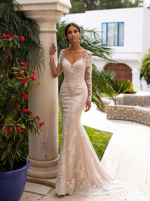 Nuovi abiti da sposa a sirena Champagne 2021 Illusion maniche lunghe scollo  a v Applique in pizzo abito da sposa senza schienale Vestido De Mariee -  AliExpress