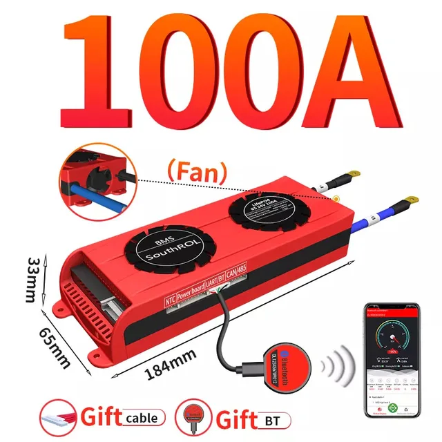 Smart BMS 4S LiFePo4 12V 24V 36V 48V 30A~500A Li-Ion LTO 3S 7S 8S 10S 12S 13S 16S 24S bms balance board bluetooth APP for solar 100A-Fan