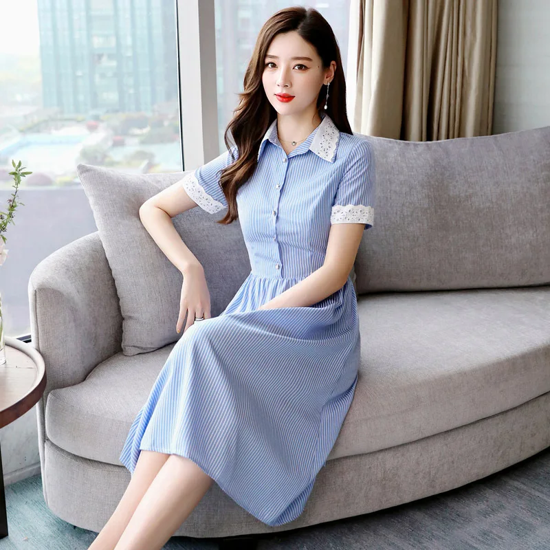 

Summer Very Fairy of Dress Women's 2019 New Style Korean-style Elegant WOMEN'S Short Sleeve Shirt Mid-length Striped Shirt Skirt