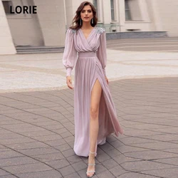 LORIE Princess Evening Dresses Chiffon Beading Prom Party Gown Plus Size 2021 Long Sleeve V-neck Formal Evening Gown with Split