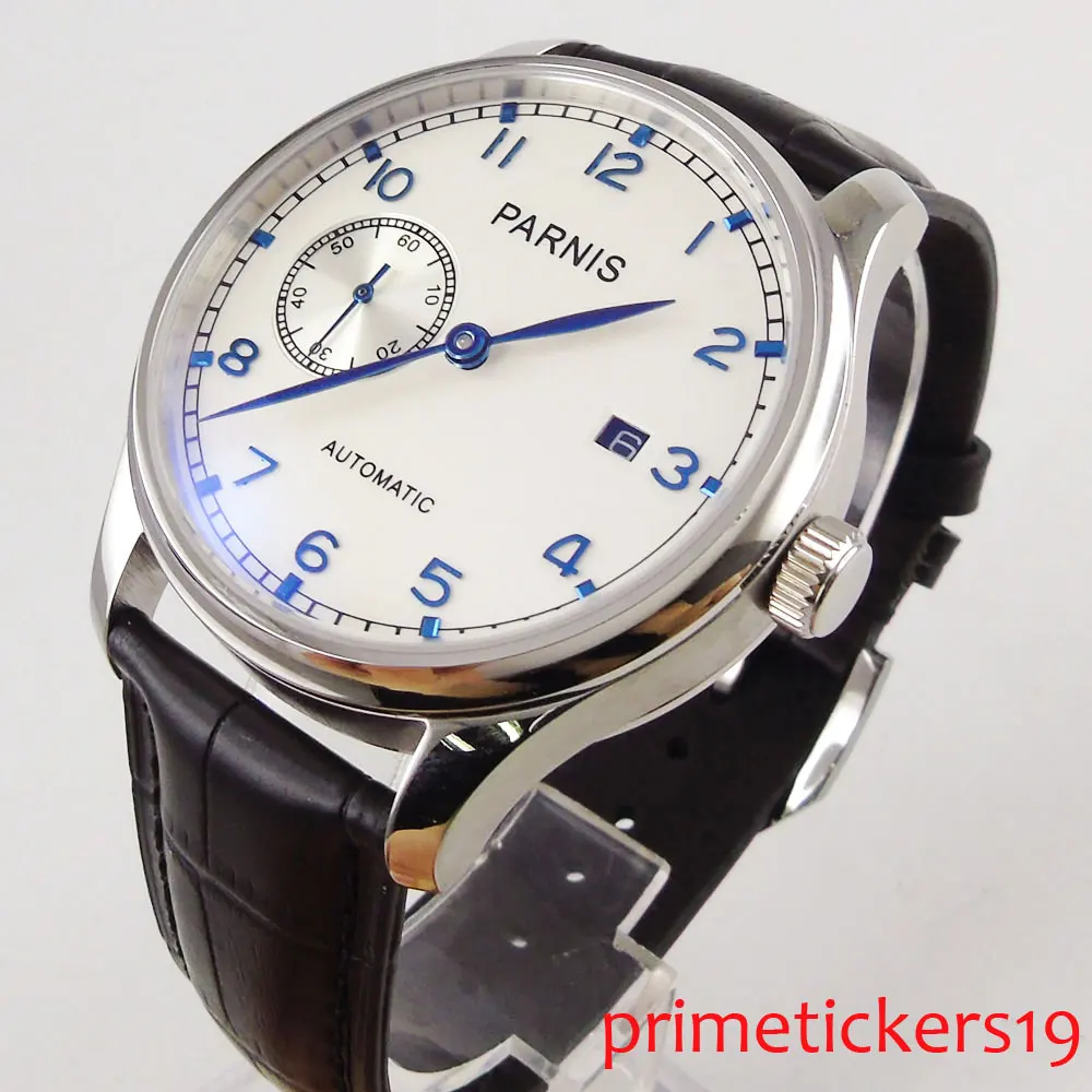 

43mm parnis white dial blue marks automatic movement automatic black leather strap mens watch P103