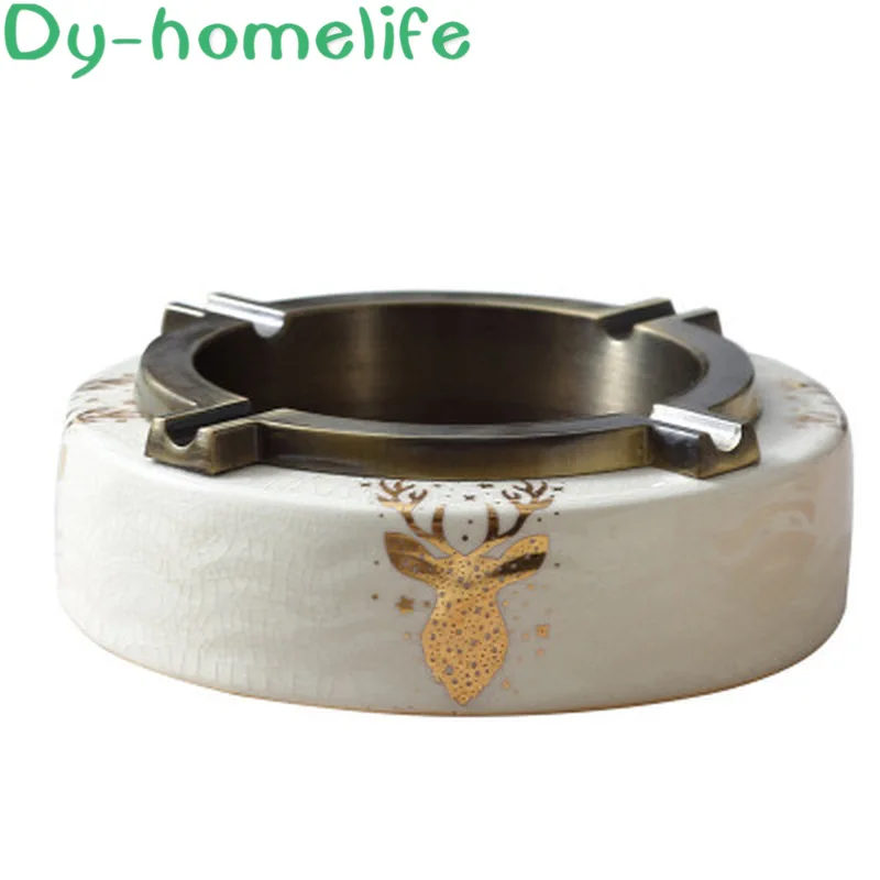 

16*16*5.2cm Nordic Round Gold Elk Ice Crack Ceramic Alloy Ashtray Home Decoration Storage Supplies American Cigar Ashtray