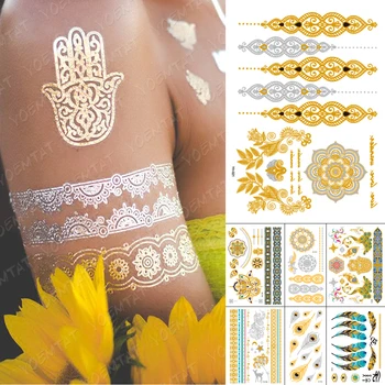 Haina – autocollants de tatouage temporaire en henné doré pour femme, faux tatouage, transfert Sexy, main, argent, bijoux de mariée, bras, pour fille