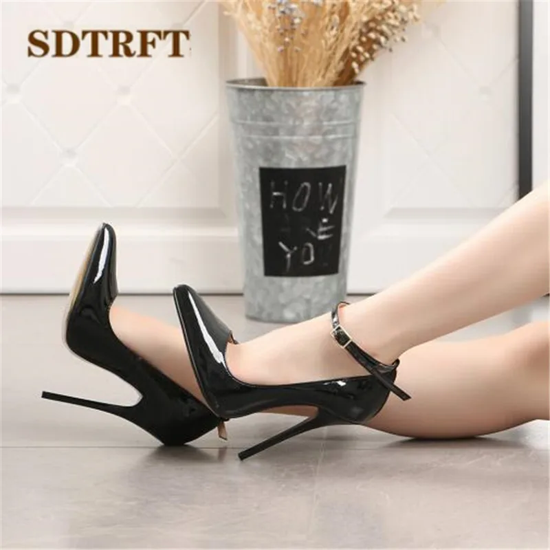 

SDTRFT Woman Buckle Pumps 14cm Thin Heels Pointed Toe Stiletto Ladies Patent Leather Classic Fetish Ballet Shoes Plus:40-48 49