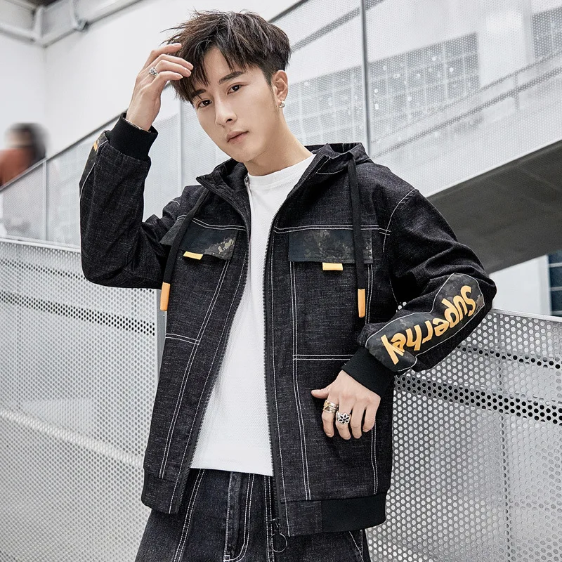 

2019 Spring And Autumn New Style Hooded Casual Jeans Coat Men's Stylish Printed Popular Brand Lettered MEN'S Work Clothes Jacket