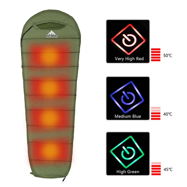 Agemore 220x80cm Envelope Winter Sleeping Bag Electric Heating Camping Sleeping Bag Outdoor Traveling Sleeping Bag Waterproof 3