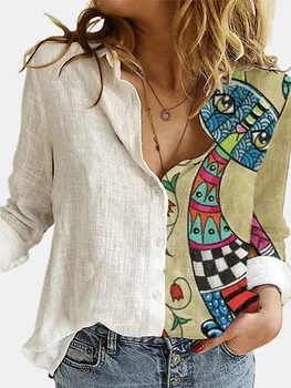 Lovely Cat Printed Polyester White Shirt Women Autumn Lapel Long Sleeves Single Breasted Blouses Female