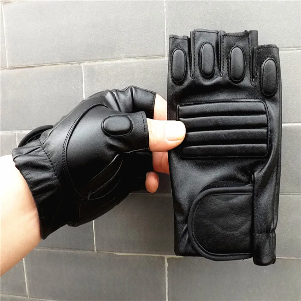 Весна зима новые модные мужские зимние кожаные мотоциклетные спортивные уличные защитные перчатки без пальцев черные перчатки# O29
