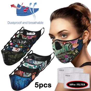 

5pcs Adult Skull print Mascarillas Anti Pm2.5 Pollution Mask Windproof Anti-spitting Protective Washable Mask & 10pcs Filters