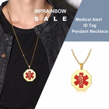 

Free Engraving 35mm Octagonal Medical Alert Notification ID Tag Pendant Necklace for Men Gold Tone Stainless Steel Male Jewelry