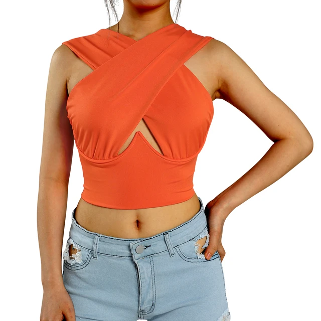 Women's Criss Cross Tank Tops Sexy Sleeveless Solid Color Cutout Front Crop Tops Party Club Streetwear Summer Lady Bustier Tops G