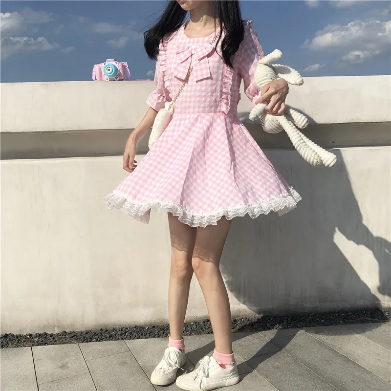 Japanese Summer New Kawaii Soft Girly Pink Plaid Dress Sweet Bow Cute Lace Ruffles Puff Sleeve Dress Lace Up Bow Loose Dress