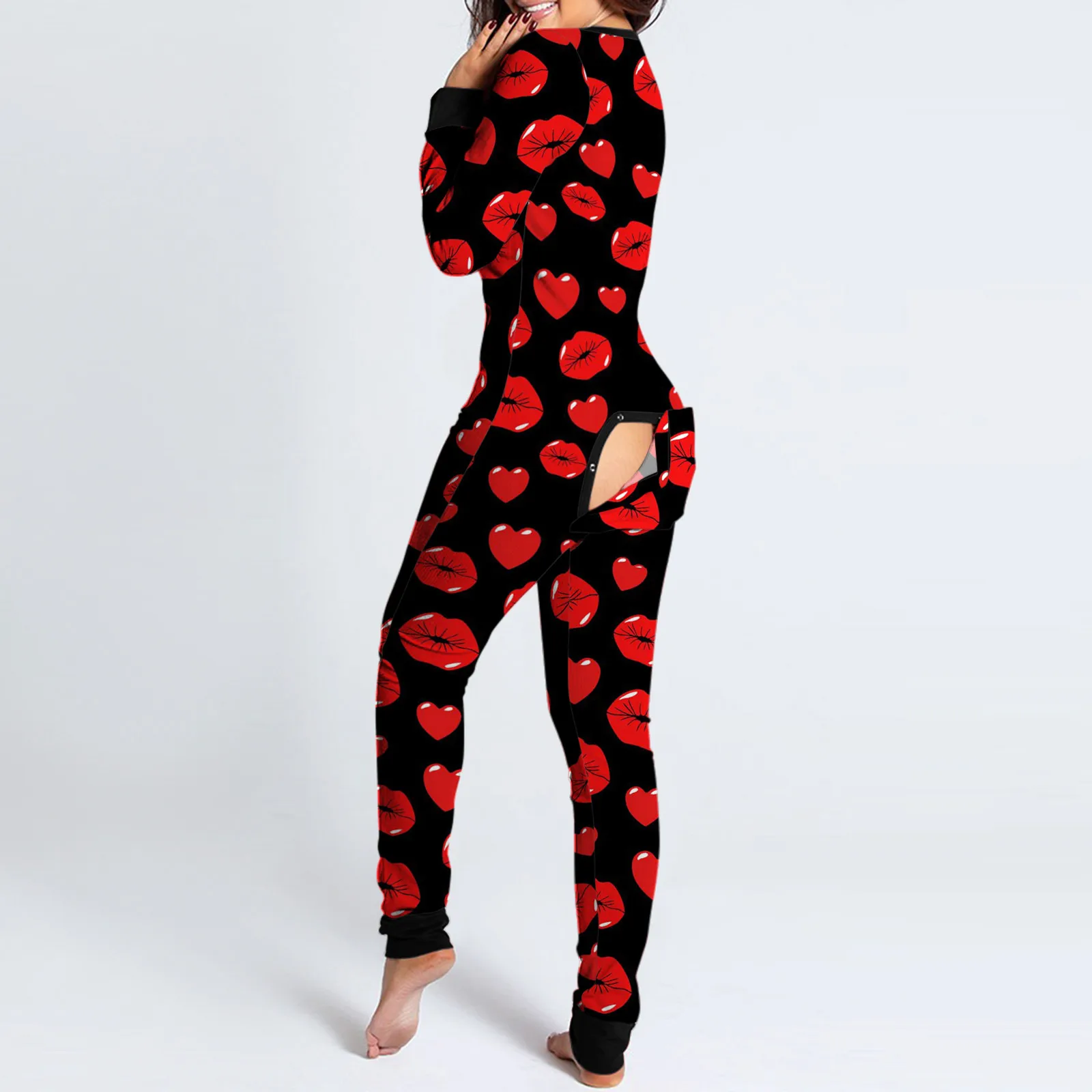 

Valentines Day Women Onesie Pajamas Buttoned Butt Flap Jumpsuit Sleepwear Mouth Lips Heart-shaped Printed Adults Onesies Pyjama