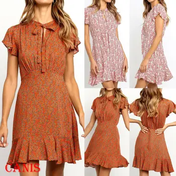 

Women's Casual Dresses Summer Casual Lace Sleeve Printed Chiffon Dress Short Sleeve Floral Short Dresses Beach Party Sundress