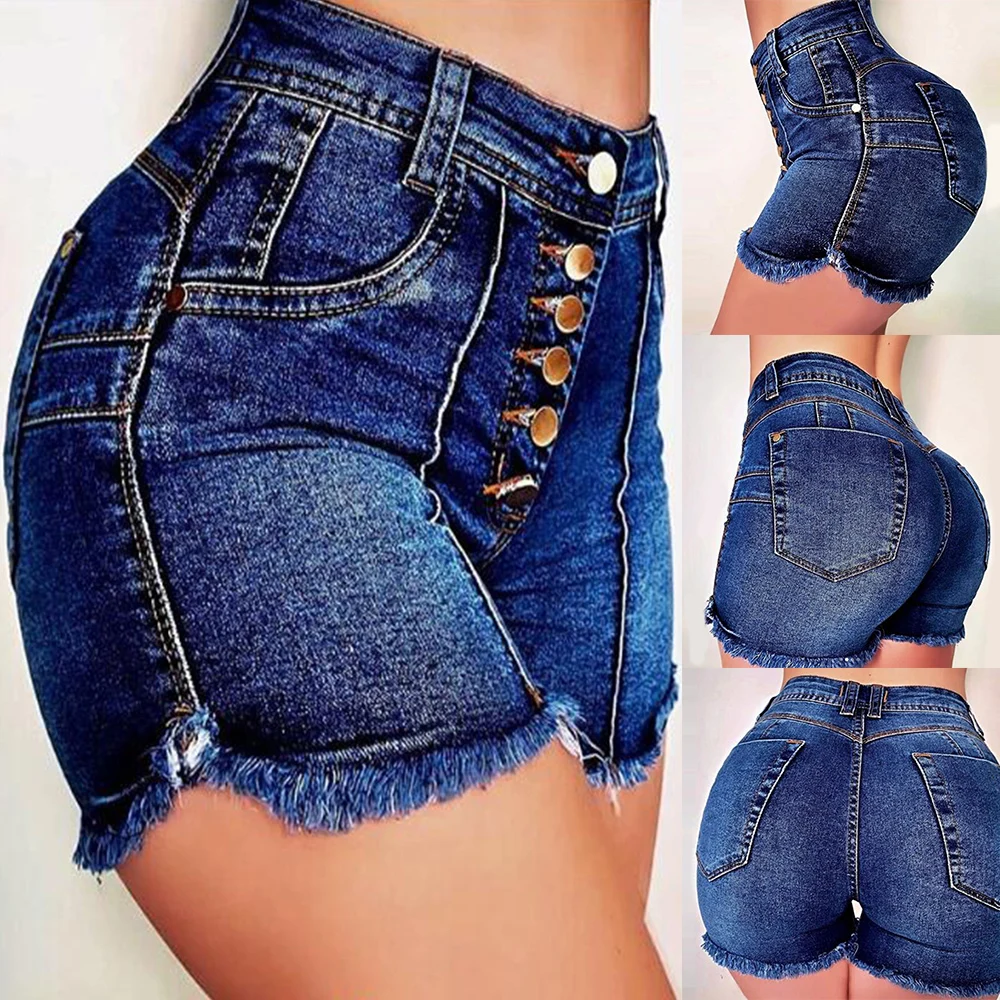 

2020 Summer Mini Denim Shorts Women Vintage Blue Sexy Hot Button Middle Waist Skinny Tassel Jeans Pockets D30