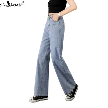 

Autumn And Winter New Large Size Elastic Waist Mopping Jeans Women Cotton Fashion Wild Wide Leg Straight Denim Trousers Woman