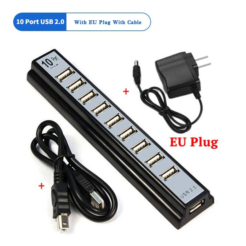Usb-хаб, 10 портов, мульти USB порт, настольный удлинитель, концентратор для ПК, компьютера, ноутбука, USB 2,0, концентратор, разветвитель с адаптером питания, EU, US Plug - Цвет: HUB With EU Plug