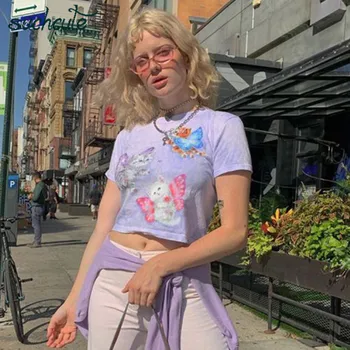 

SUCHCUTE women's T-shirt purple female tops butterfly Zaraing tee summer 2020 Y2K aesthetic top E girl dollskilling 90s clubwear