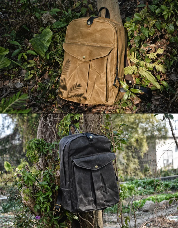 Canvas & Leather Backpack Purse Grey Black Brown