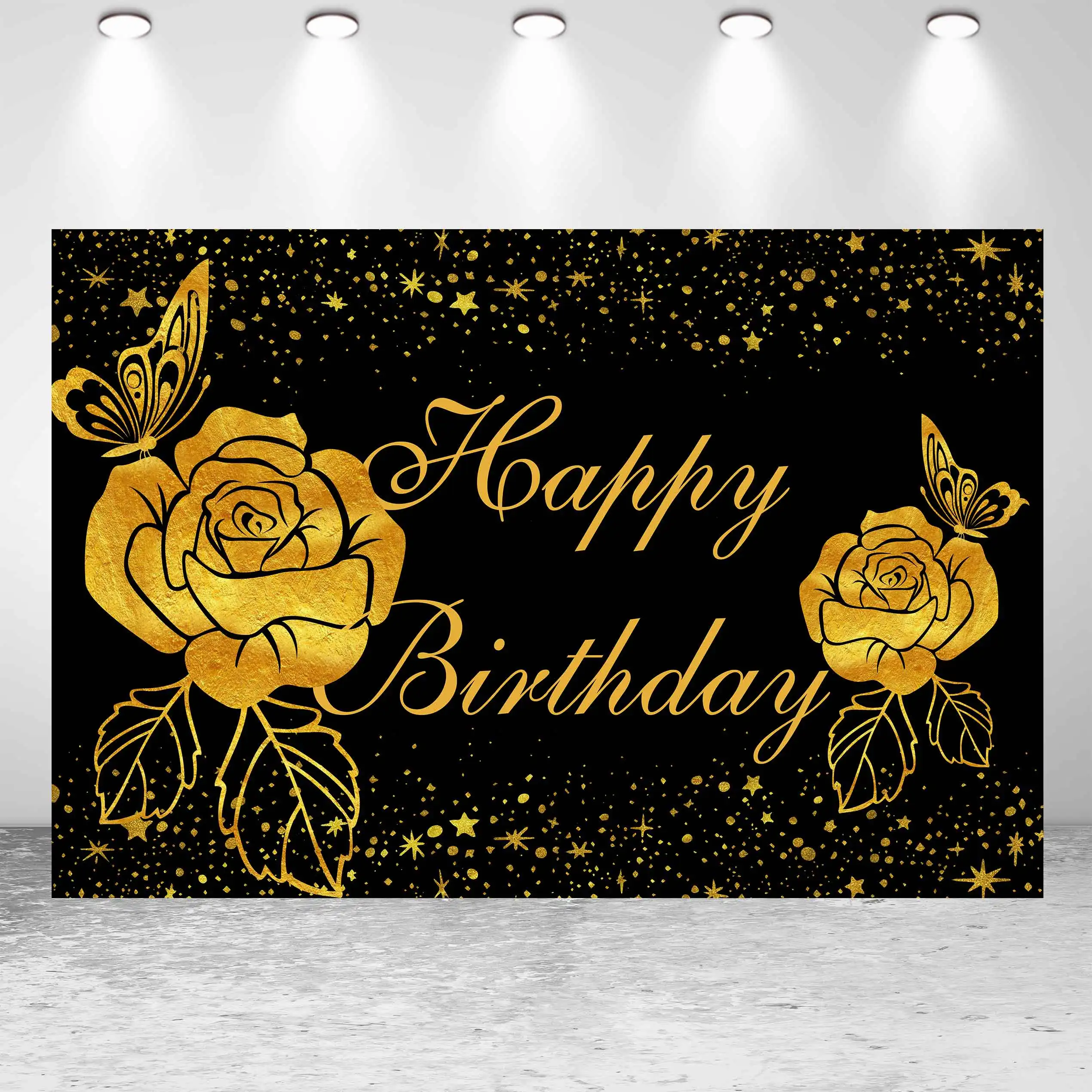 

NeoBack Happy Birthday Baby Shower Party Butterfly Golden Glitter Bokeh Flower Banner Photo Backdrop Photography Background