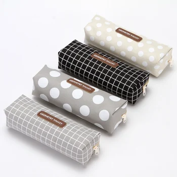 

1pcs Simple Canvas Grid Pencil Case School Color Kawaii Cute Solid Striped Geometric Pencil Bag Pouch Students Office Supplies