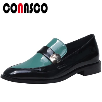 

CONASCO New Arrival Women Pumps Patent Leather Spring Casual Office Concise Metal Decoration Thick Heels Loafers Shoes Woman