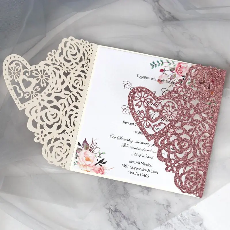  10pcs Glitter Laser Cut Rose Heart Shape Wedding Invitations Card Party Supplies Y1AB - 4.00029E+12