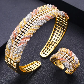 

AccKing Luxury Tricolor bangle ring set Cubic Zircon CZ Vintage Bohemian Cuff Bracelets For Women jewelry