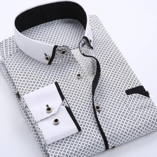 Gray 1 Business Men Plus Size Buttons Turn Down Collar Long Sleeve Shirt Top Men Fashion Casual Long Sleeved Printed shirt Slims - Цвет: Gray 1