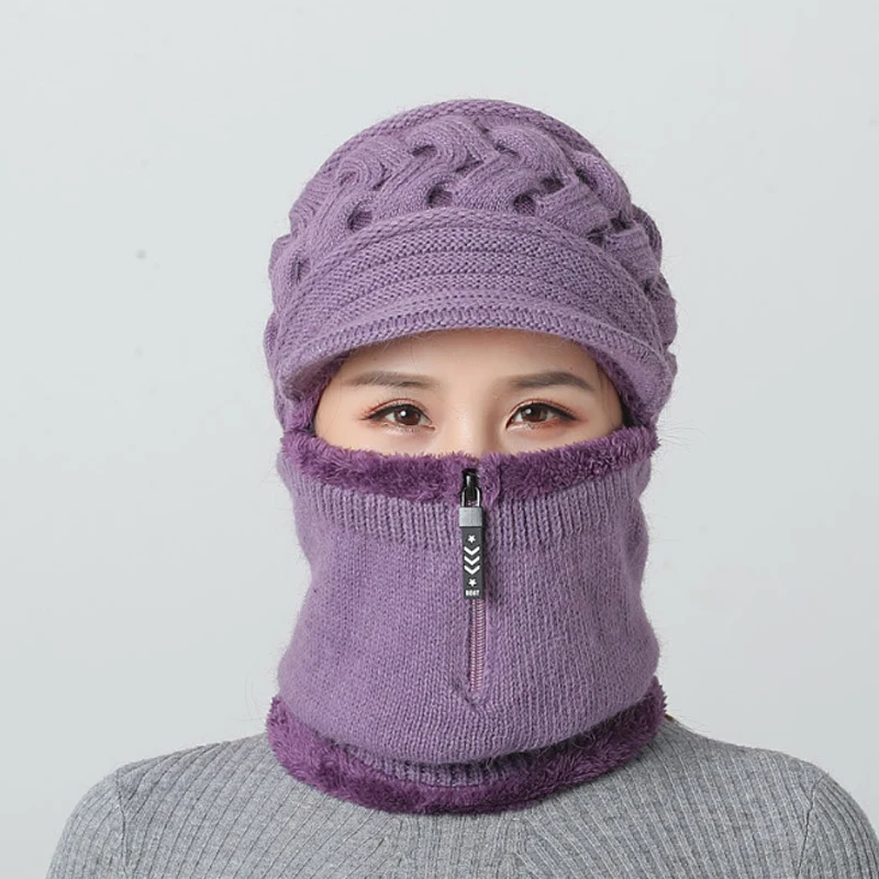 Новинка, брендовые шапки бини, женские вязаные шапки Skullies, нагрудник, маска для сиамских женщин, зимние Бархатные толстые теплые вязаные шапки с кроличьим мехом на молнии - Цвет: Light purple