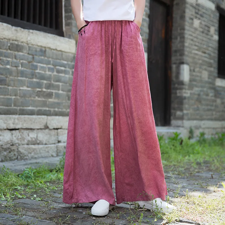 Johnature 2020 Autumn New Full Length Retro Elastic Waist Tie Dye Wide Leg Pants Loose Comfortable All-match Women Lace Up Pants