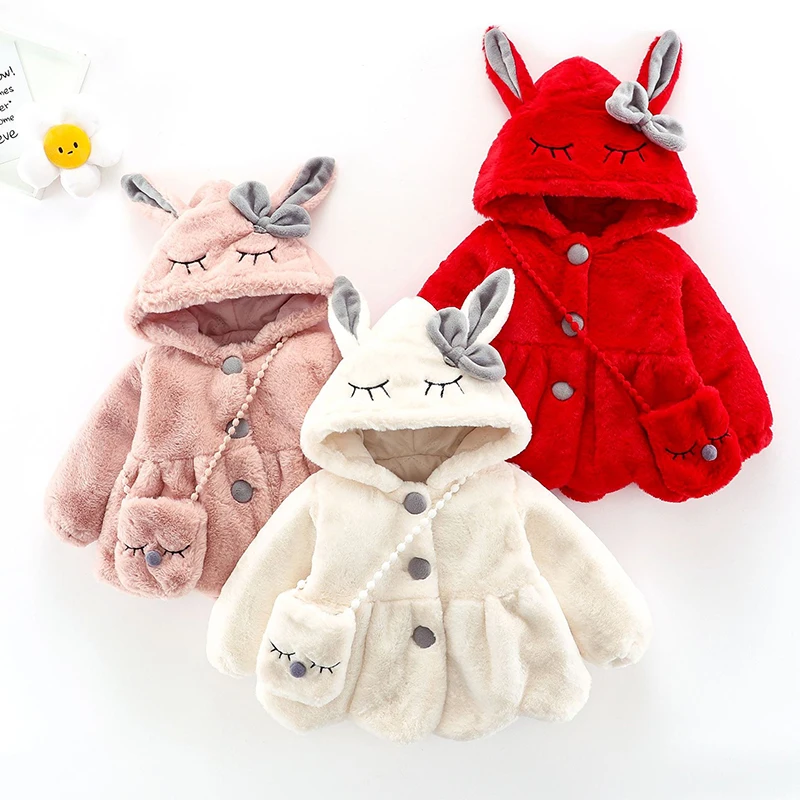 Cute Rabbit Ears Plush Baby Jacket Christmas Sweet Princess Girls Coat Autumn Winter Warm Hooded Outerwear Toddler Girl Clothes