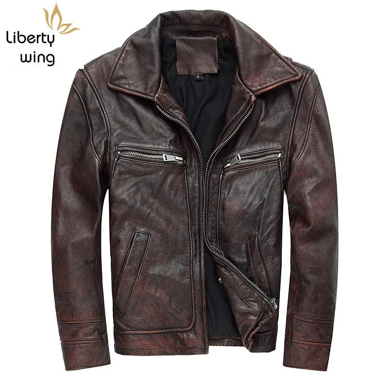 

Brown Vintage Cowhide Jacket Male Autumn Genuine Real Natural Cow Coat Men Motorcycle Cowskin Leather Overcoat Outwear