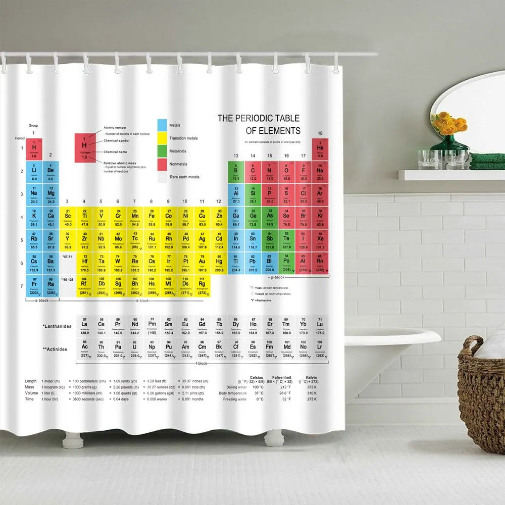 180CM Fabric Shower Curtain Liner Periodic Table of the Elements Bath Curtains